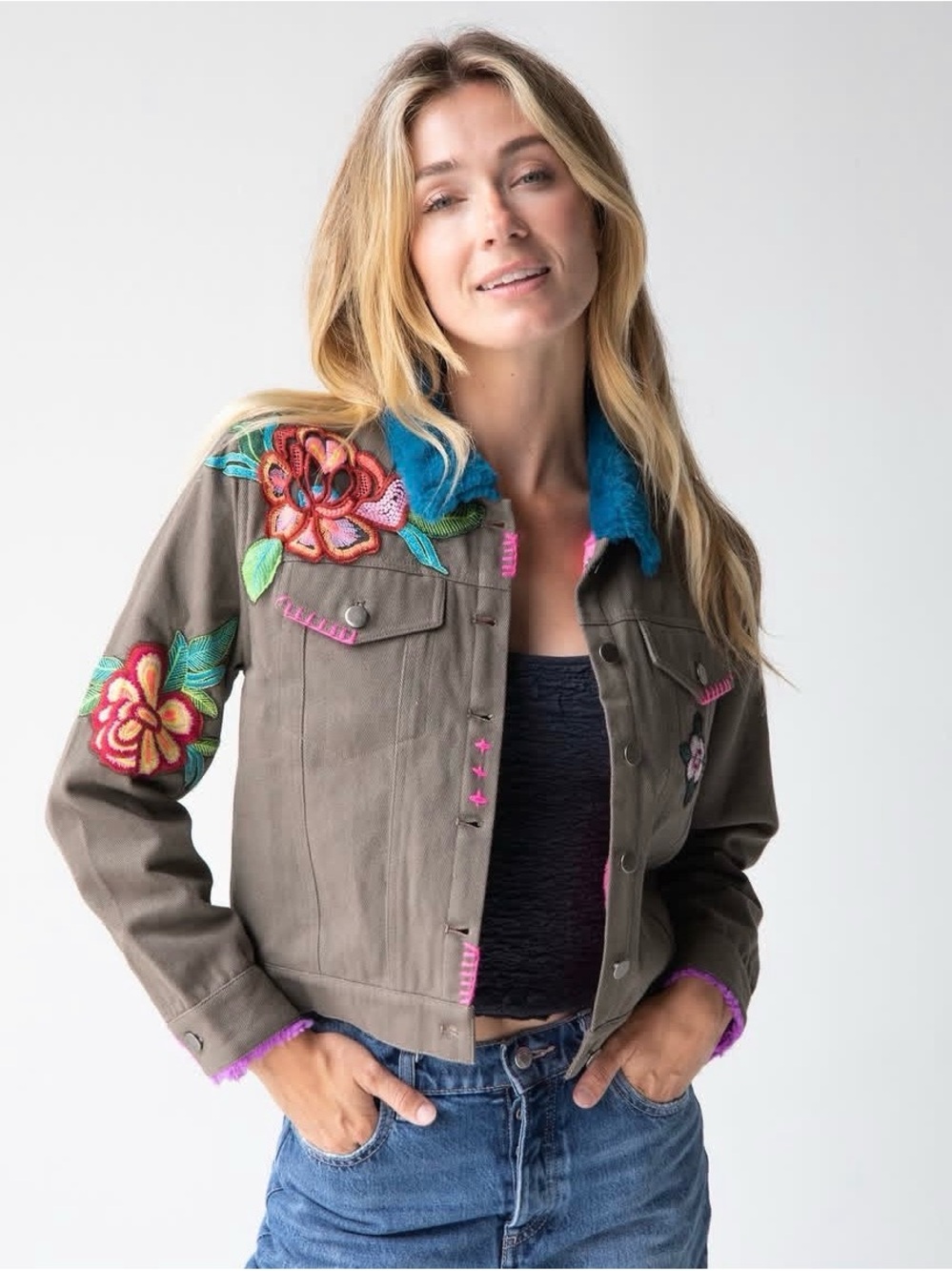 Natural Life Women’s L Boho Tara Embellished Olive Denim Jacket - Large